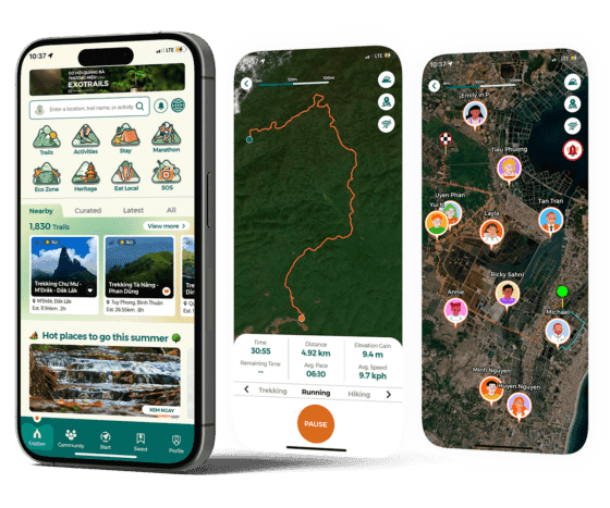 Exotrails app on three phones: explore home, activity tracking with map, and community live map